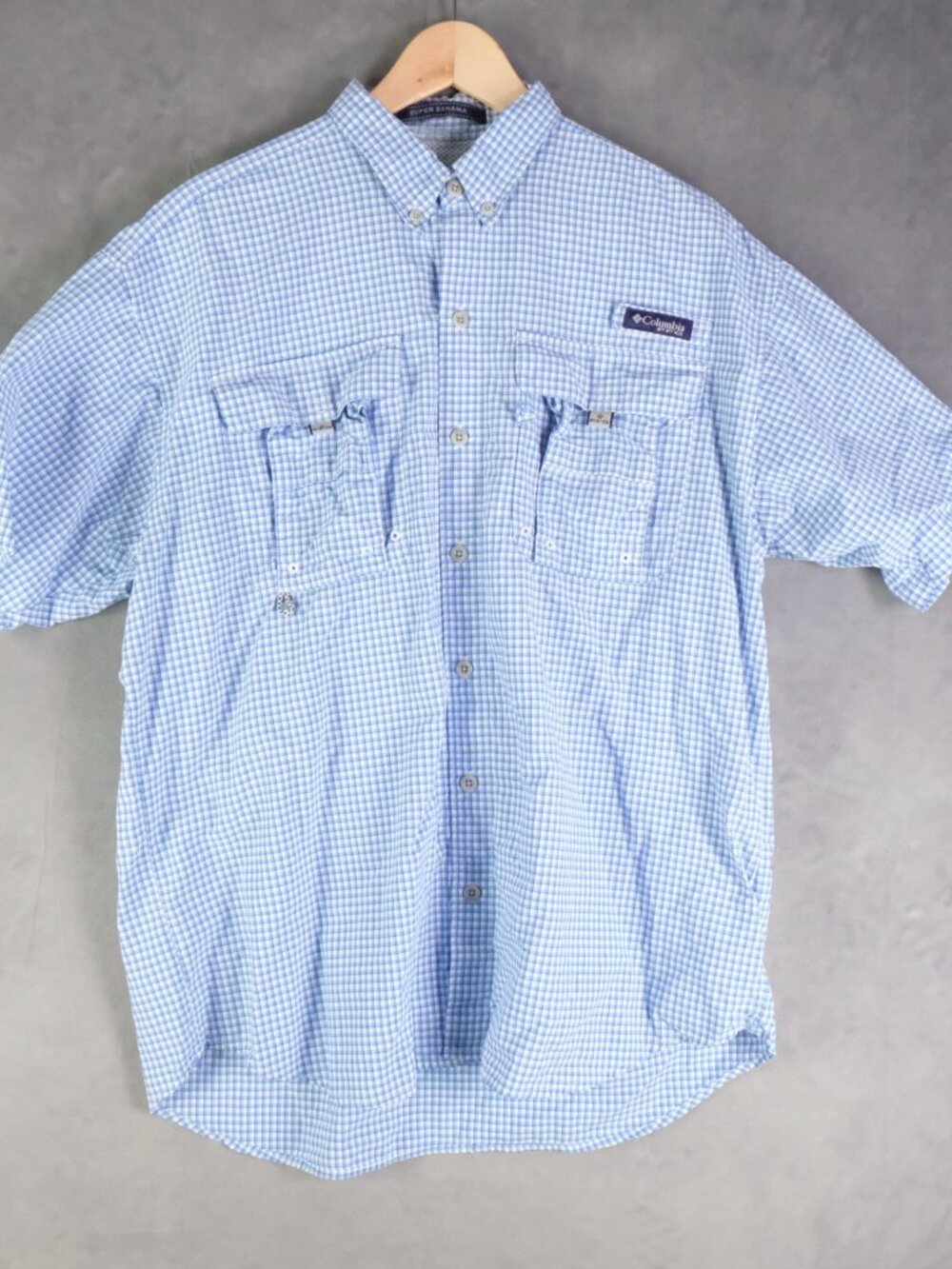 Columbia PFG Omni-Shade Blue Gingham Short Sleeve Fishing Shirt Men's Large